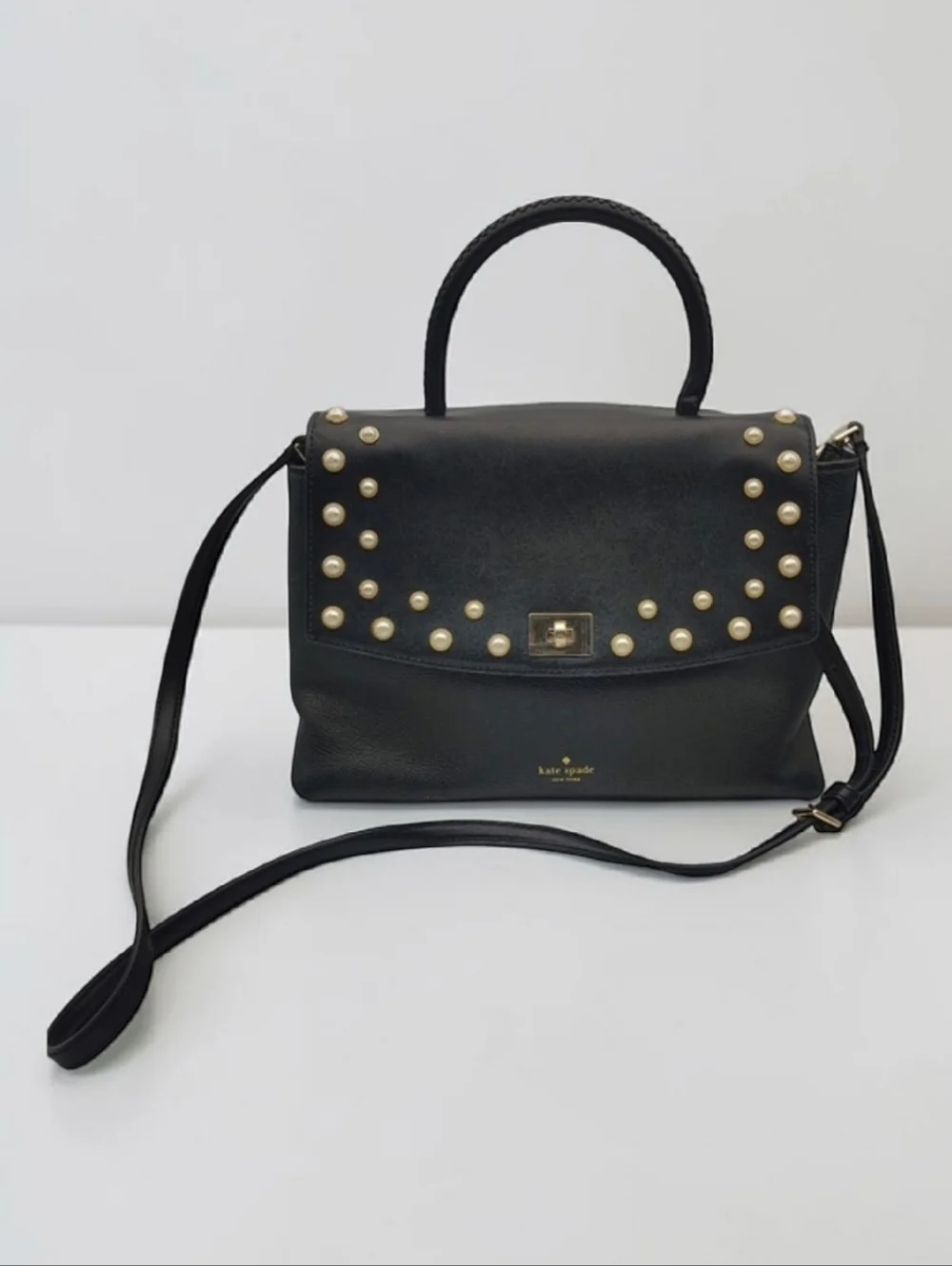 Kate Spade Pearl-Stud Embellished Leather Shoulder/Crossbody Bag In Black